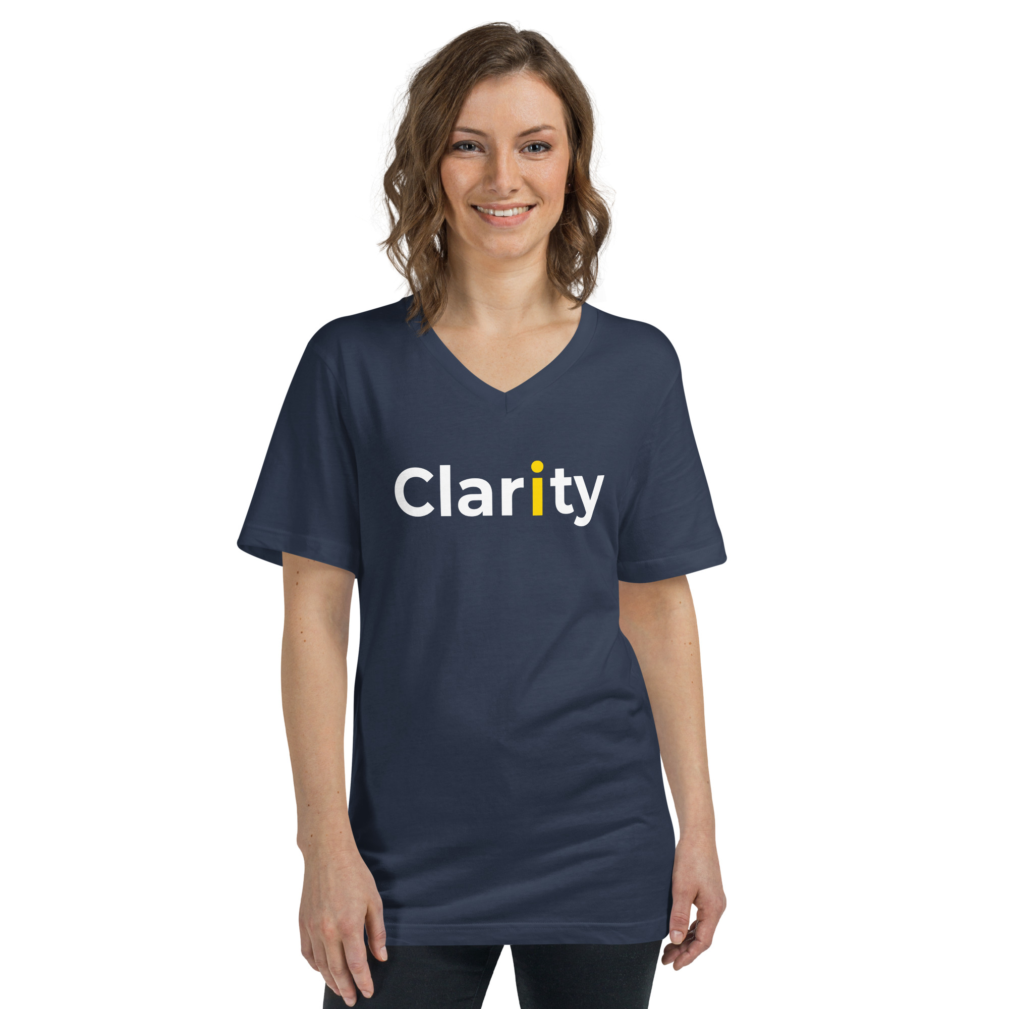 Clarity with yellow i - Short Sleeve Unisex V-Neck Tee